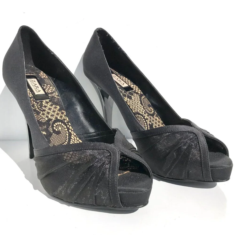 Zara Collection peep toe heels 37 black satin patent platform pump evening party